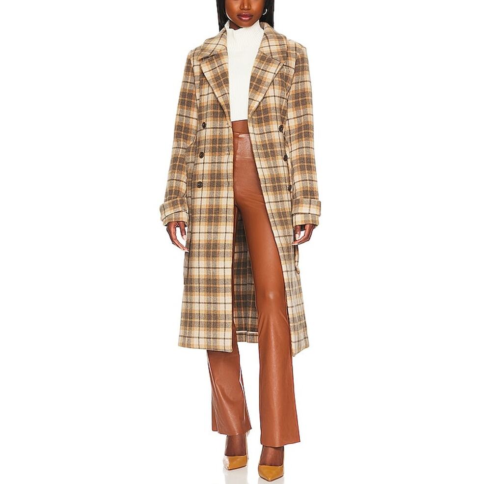 PAIGE Plaid Long Double-Breasted Coat in Tan and Cream